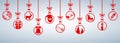 Banners from different red Christmas balls. Christmas symbol icons hanging, Merry Christmas, Happy New Year Ã¢â¬â vector Royalty Free Stock Photo